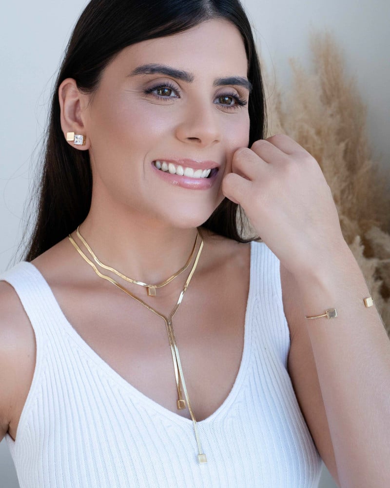 Gargantilha Gravata Malha Fita Quadrado Liso Banhado a Ouro 18K