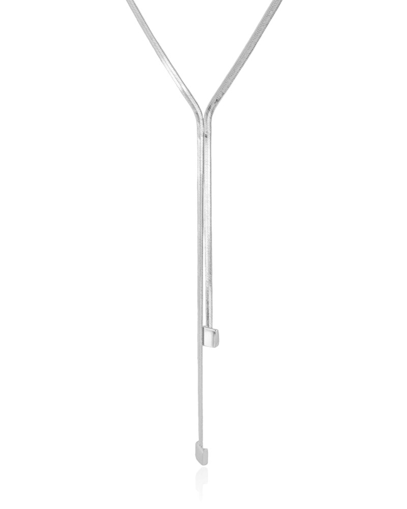 Gargantilha Gravata Malha Fita Quadrado Liso Ródio Branco
