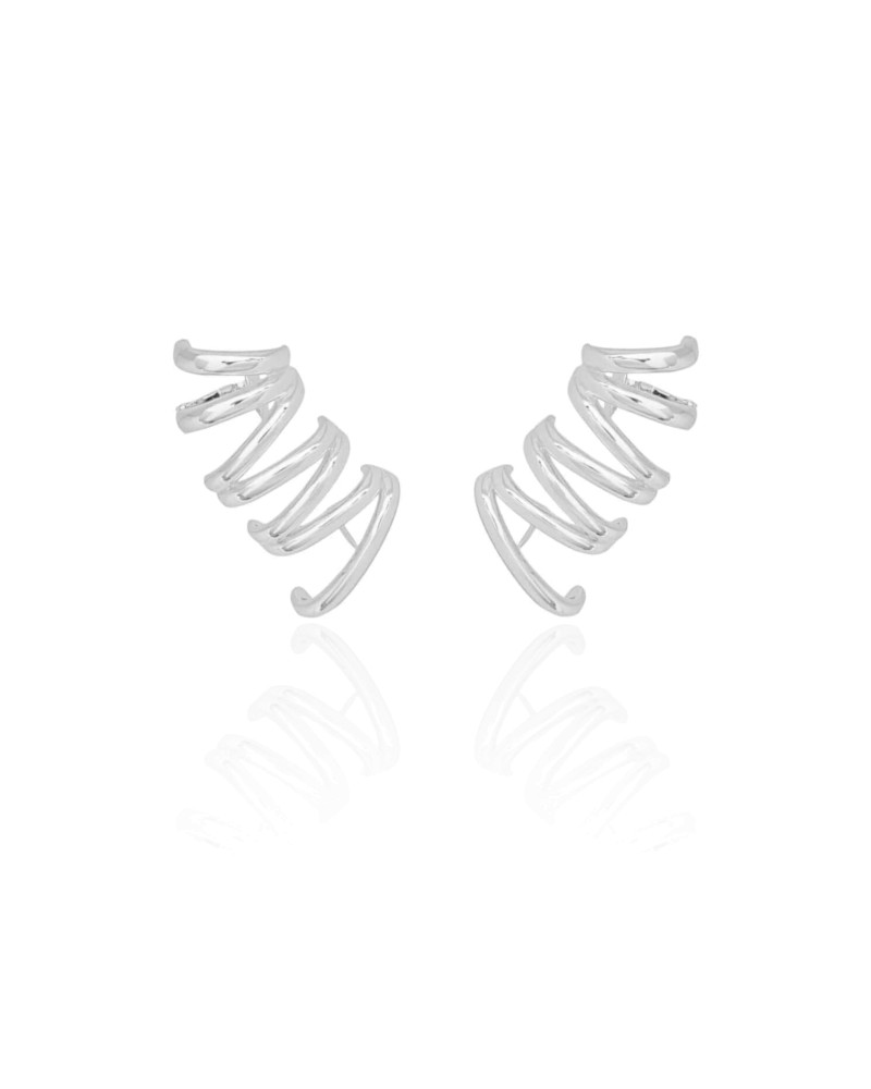 Ear Cuff Duplo 7 Filetes Liso Pressão Ródio Branco