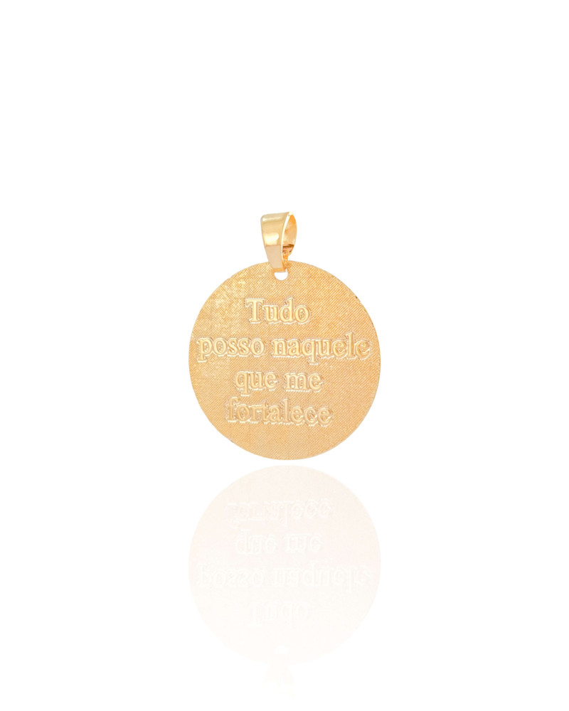 Pingente Redondo Tudo Posso Naquele Que Me Fortalece Banhado a Ouro 18K