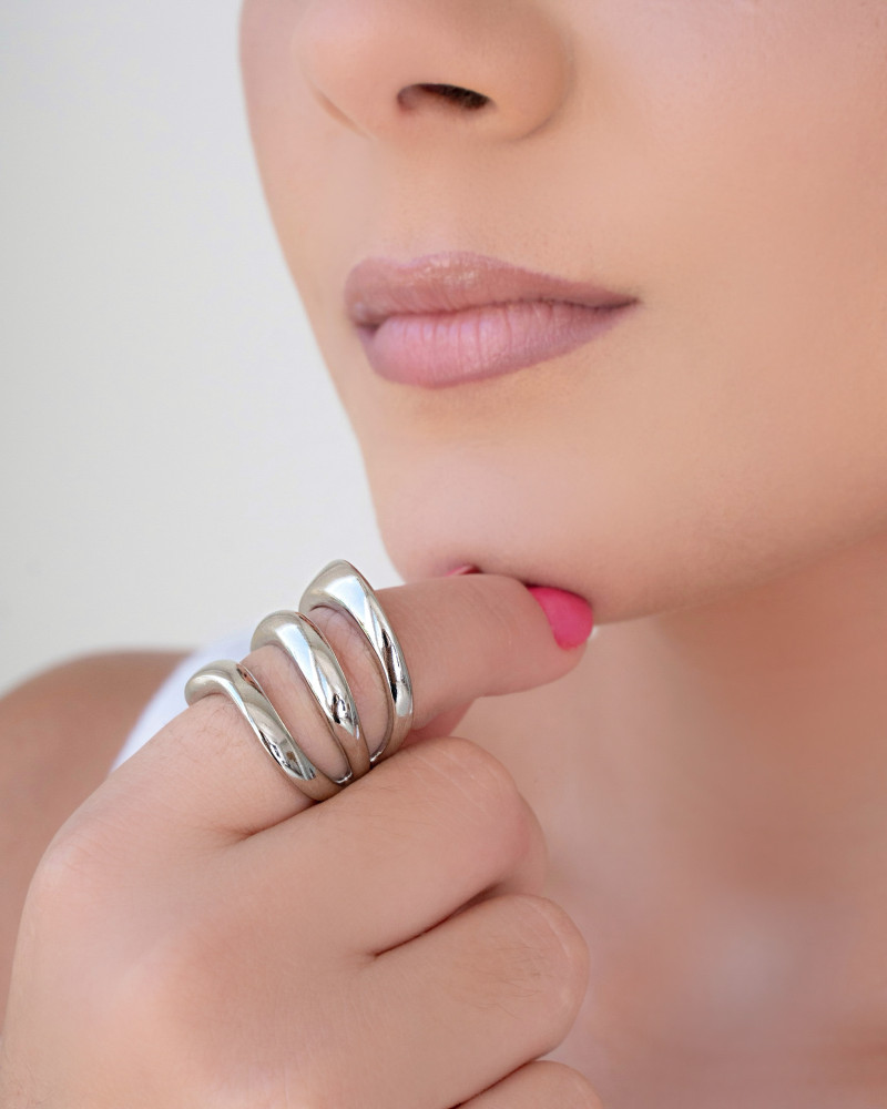 Anel Ajustável Três Filetes Liso Tamanho P Ródio Branco