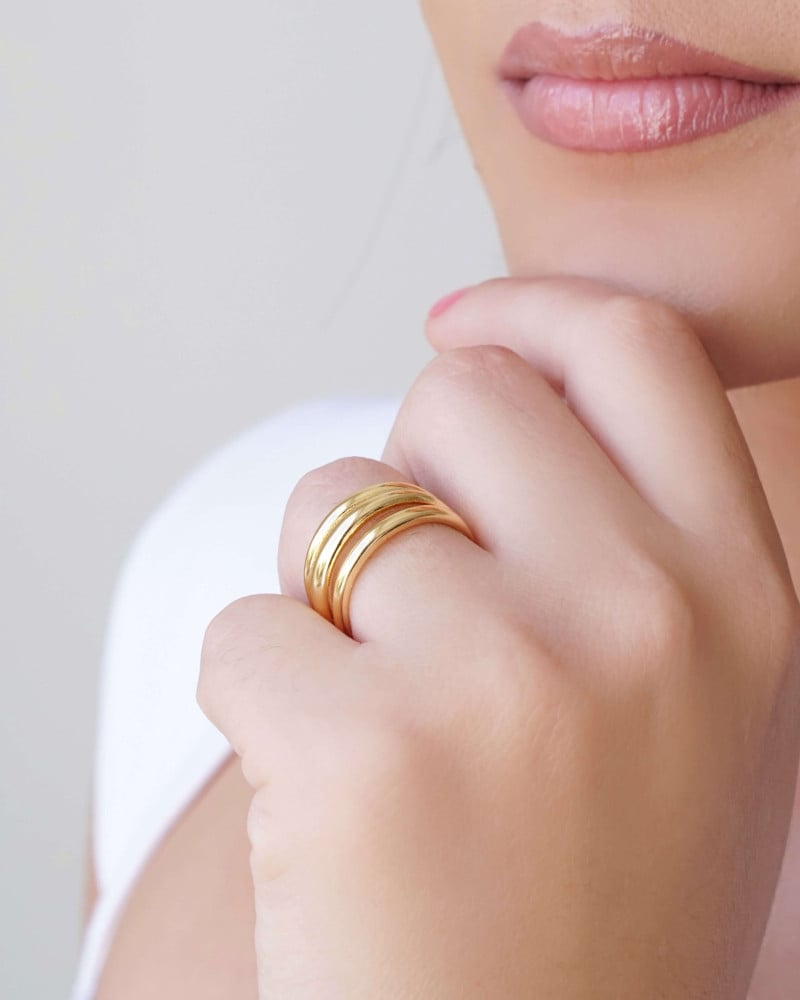 Anel Três Filetes Tamanho 16 Banhado a Ouro 18K