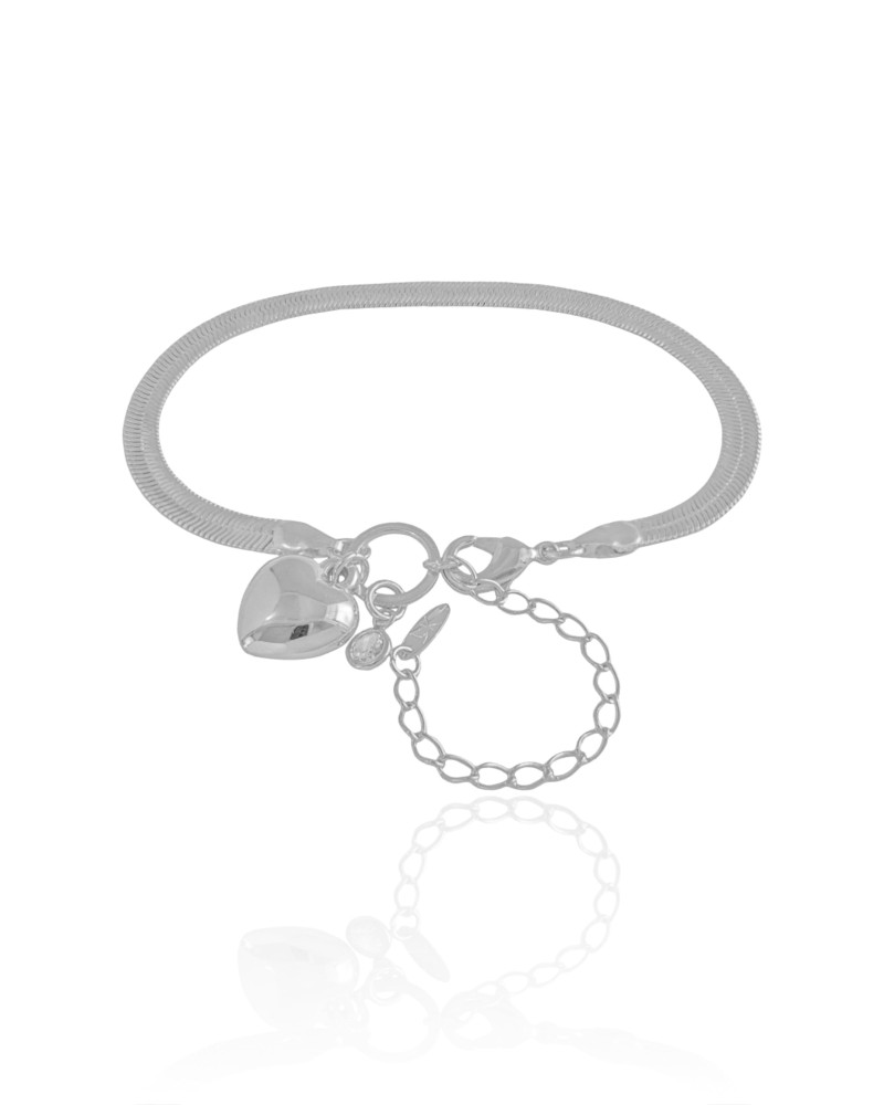 Pulseira Malha Fita Coração Ponto de Luz Cristal Ródio Branco