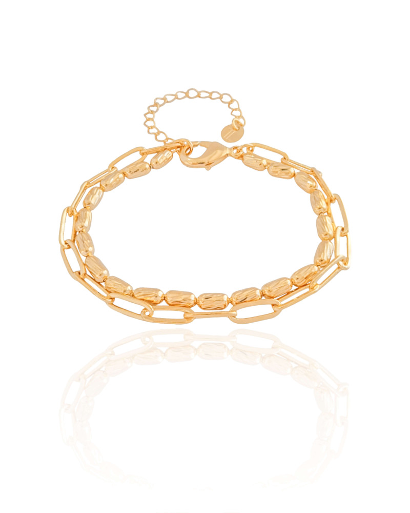 Pulseira Dupla Elos Canutilhos Ovais com Detalhes Banhado a Ouro 18K