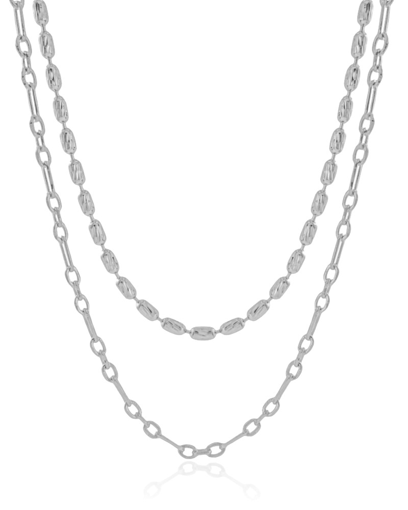 Gargantilha Dupla Elos Canutilhos Ovais com Detalhes Ródio Branco