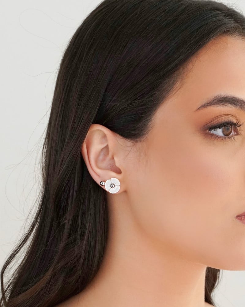 Brinco Duplo Flor Bolinha Lisa Ródio Branco