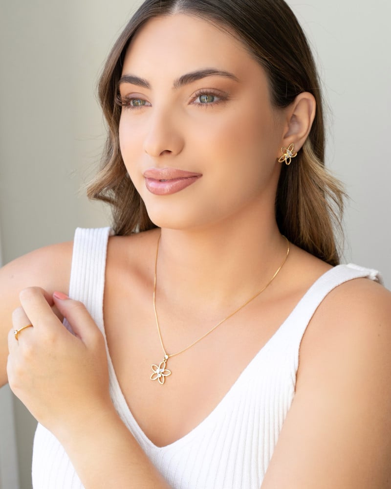 Conjunto Flor Cravejada Geométrica Cristal Banhado a Ouro 18K