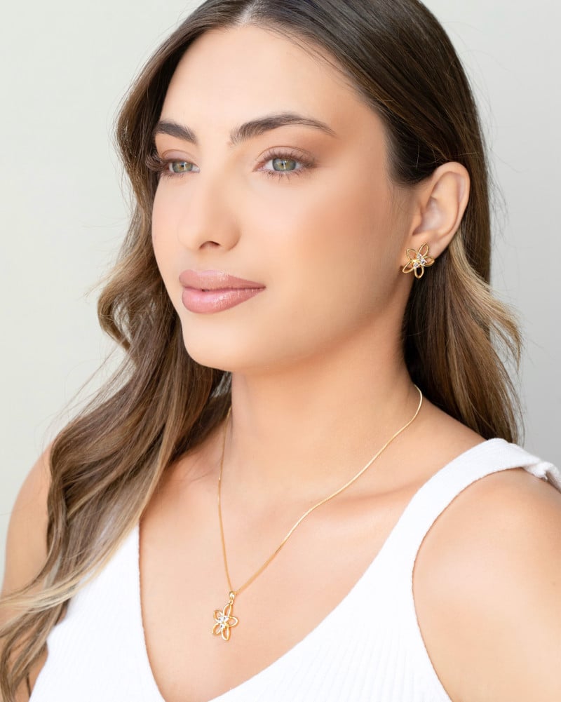 Conjunto Flor Cravejada Geométrica Cristal Banhado a Ouro 18K