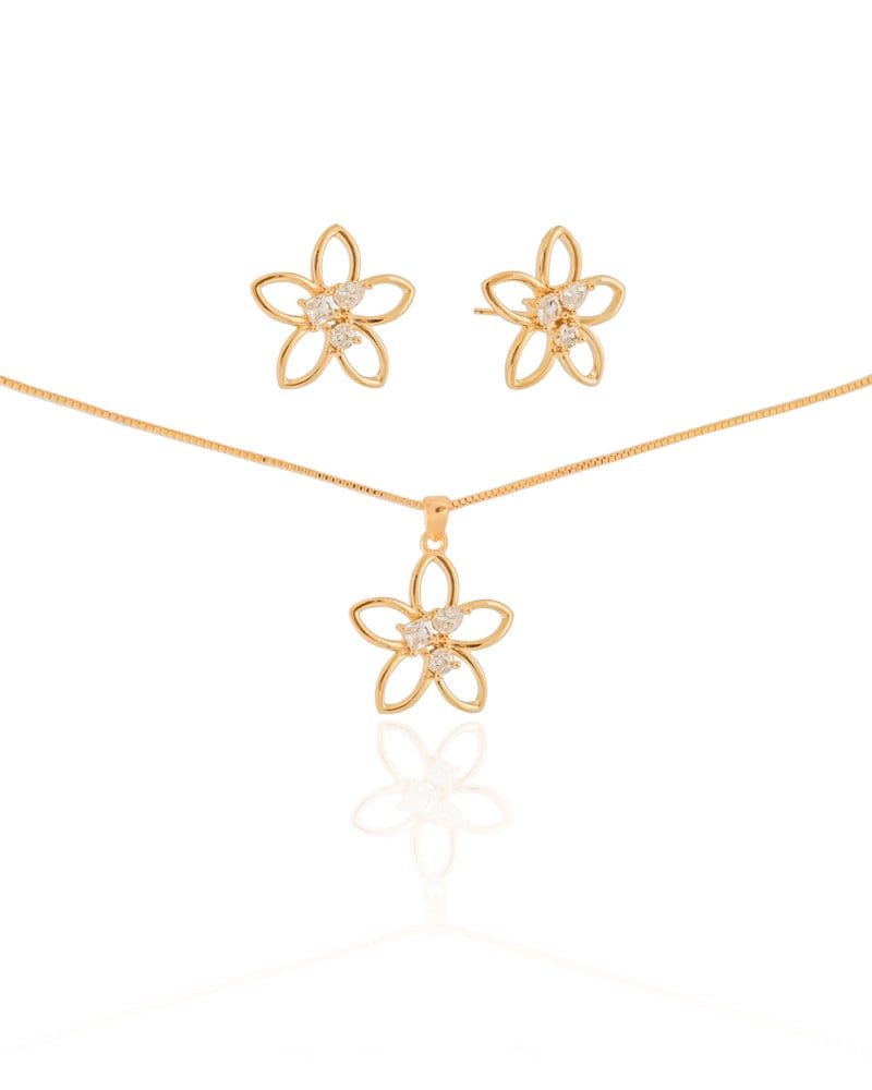 Conjunto Flor Cravejada Geométrica Cristal Banhado a Ouro 18K