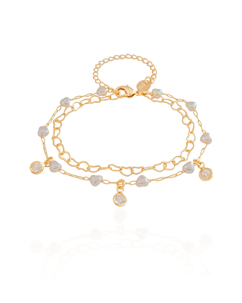Pulseira Dupla Corações Pérolas Banhado a Ouro 18K