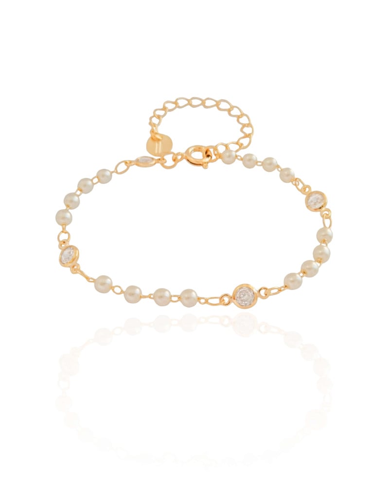 Pulseira Pérolas Pontos de Luz Cristal Banhado a Ouro 18K