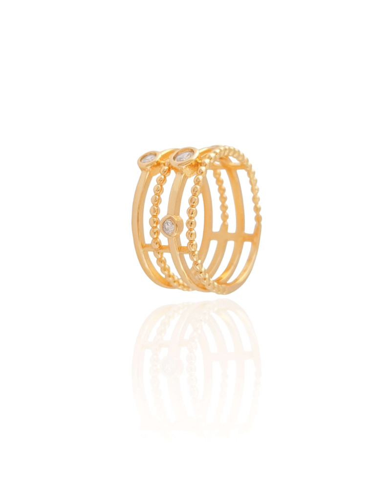 Anel Filetes Bolinhas Pontos de Luz Cristal Tamanho 16 Banhado a Ouro 18K