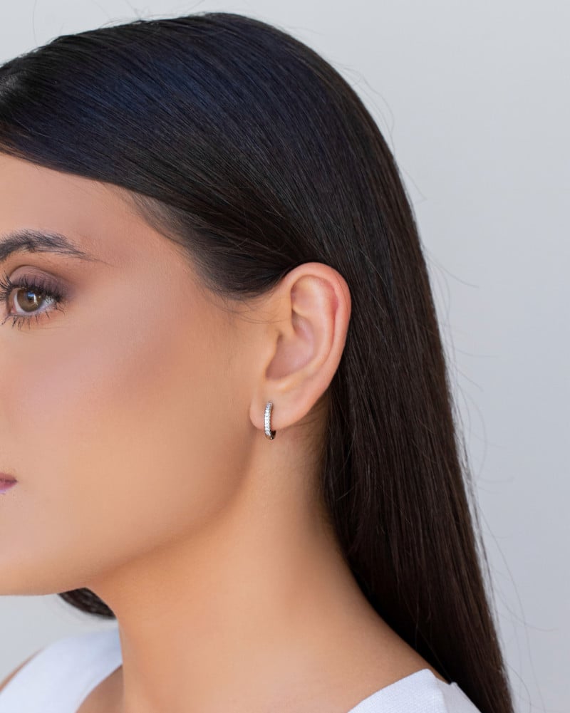 Brinco Argola Click Cravejada Cristal 1.3 cm Ródio Branco