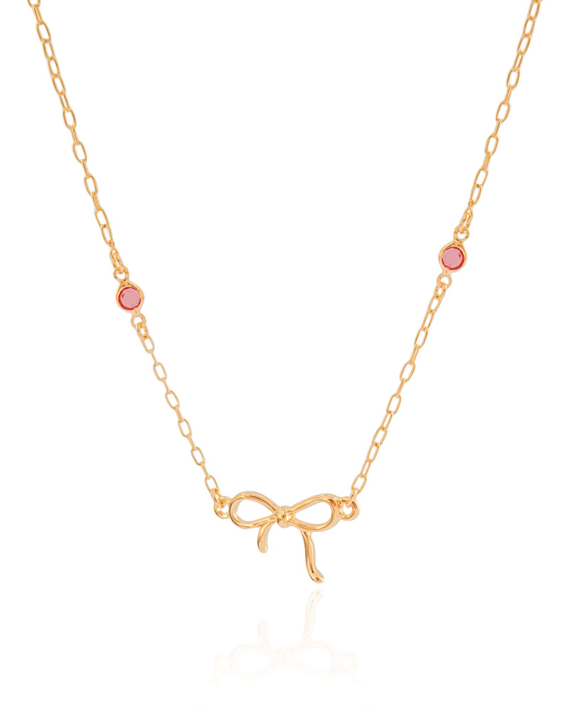 Gargantilha Infantil Laço Ponto de Luz Safira Rosa Banhado a Ouro 18K