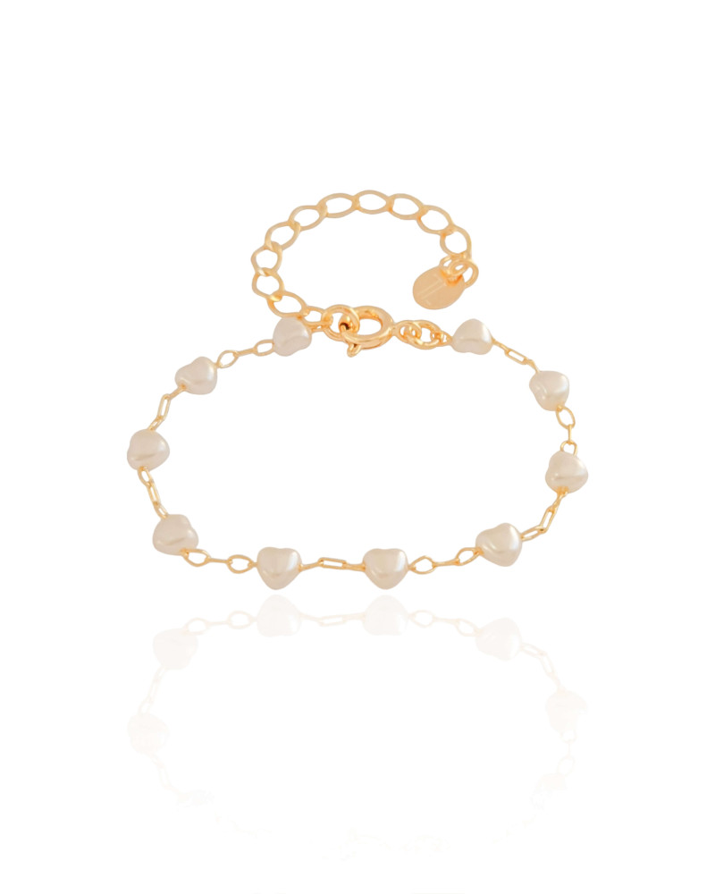 Pulseira Infantil Pérolas Corações Banhado a Ouro 18K
