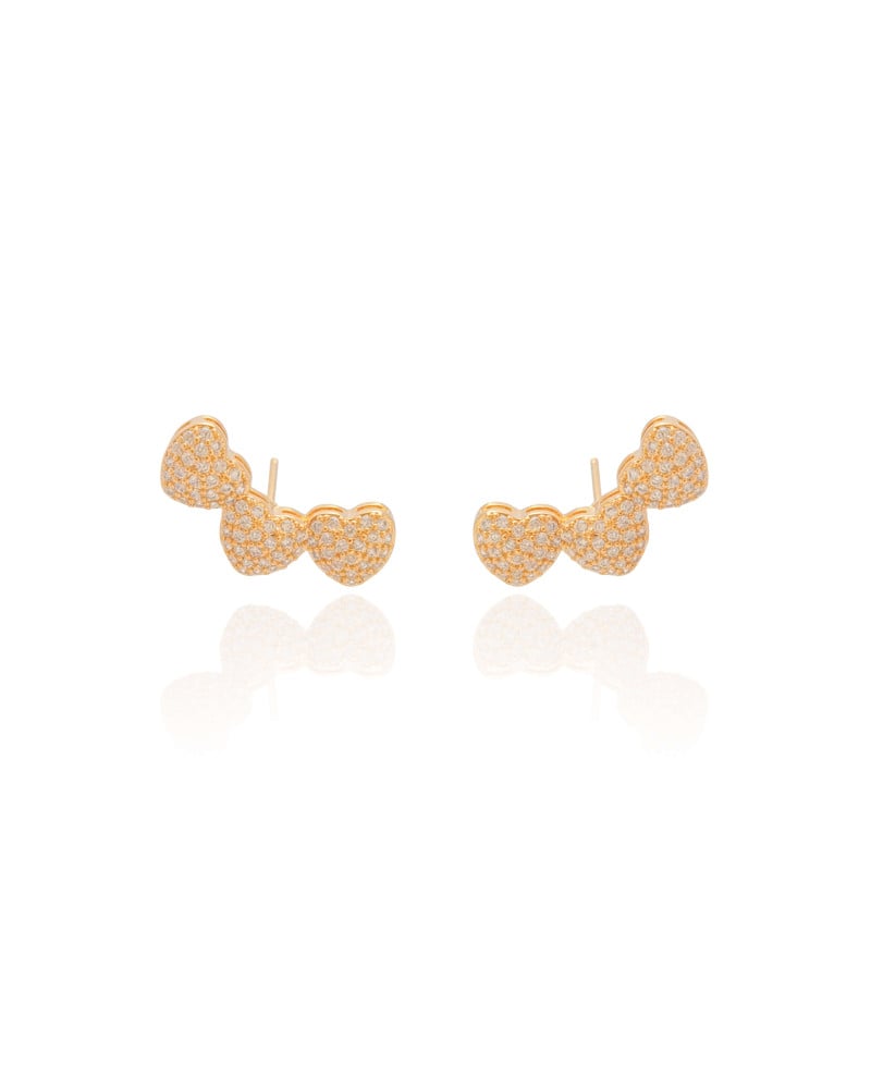 Ear Cuff Corações Cravejados Cristal Banhado a Ouro 18K