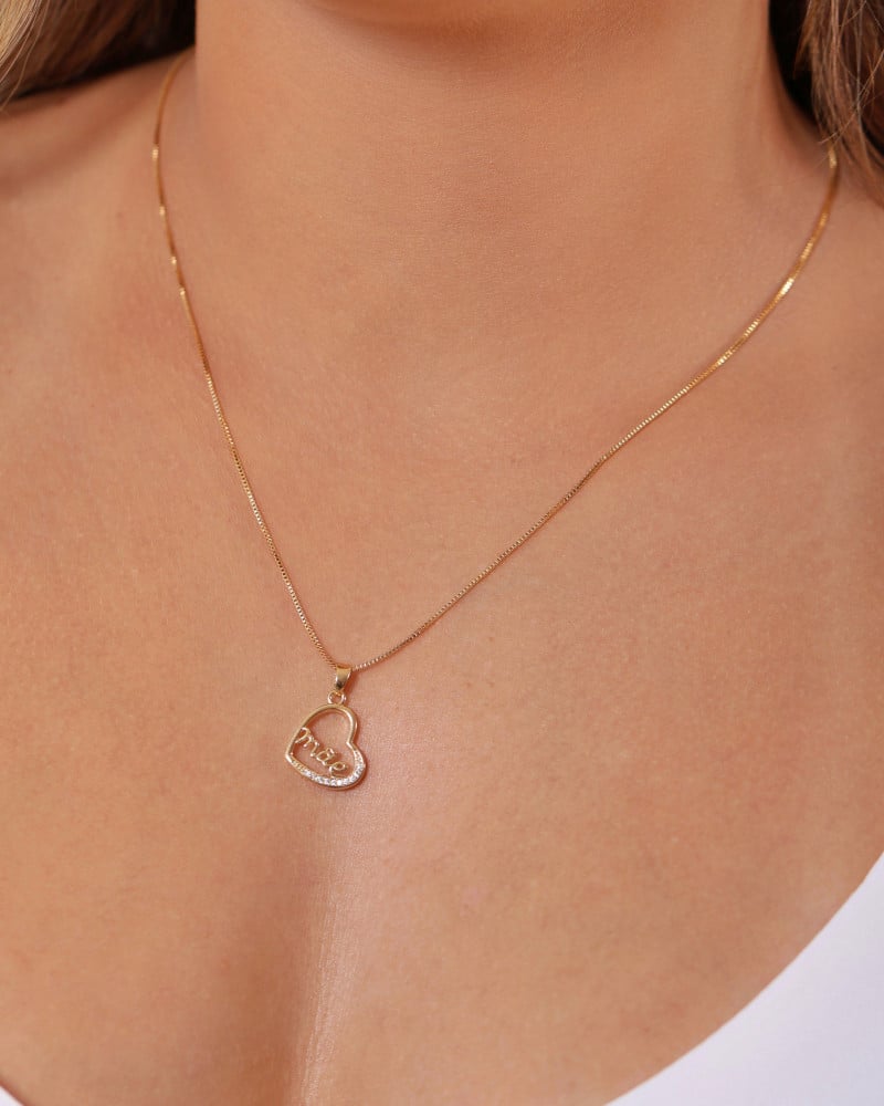 Gargantilha Coração Mãe Cravejado Cristal Banhado a Ouro 18K - 45 cm