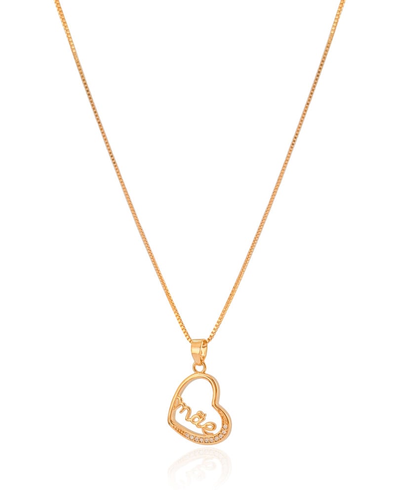 Gargantilha Coração Mãe Cravejado Cristal Banhado a Ouro 18K - 45 cm