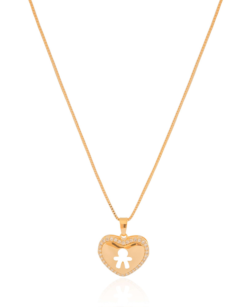 Gargantilha Coração Filho Menino Cravejado Cristal Banhado a Ouro 18K - 45 cm
