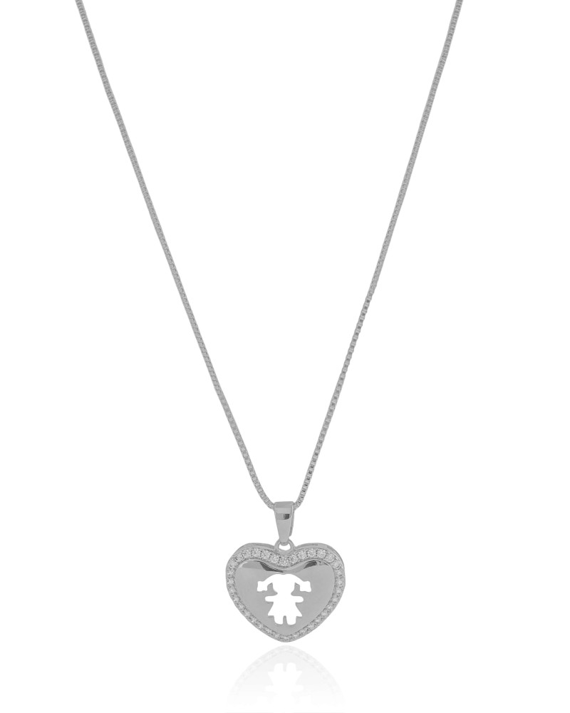 Gargantilha Coração Filho Menina Cristal Ródio Branco - 45 cm