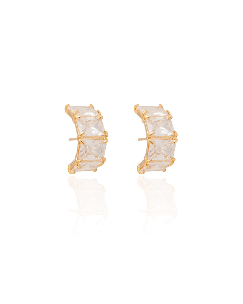 Ear Hook Retângulos Cravejado Cristal Banhado a Ouro 18K