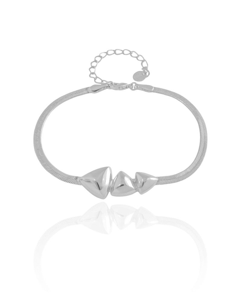 Pulseira Malha Fita Triângulos Lisos Ródio Branco