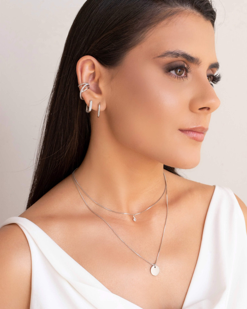 Gargantilha Dupla Redondo e Ponto de Luz Cristal Ródio Branco