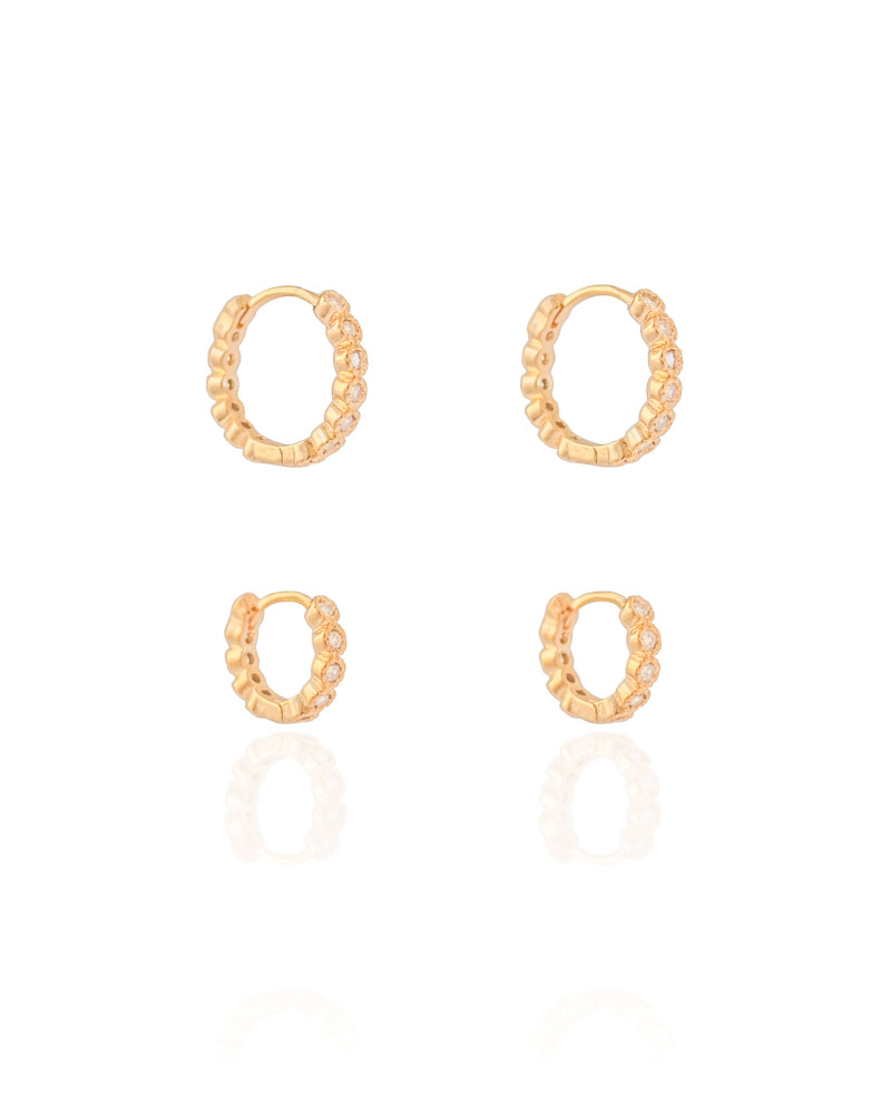 Brinco Duplo  Argolas Click Detalhes Cravejado Cristal Banhado a Ouro 18K