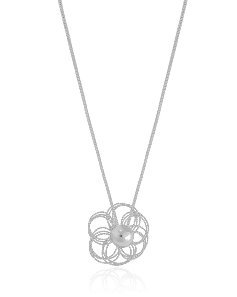 Gargantilha Veneziana Flor Fios Detalhados Ródio Branco - 40 cm