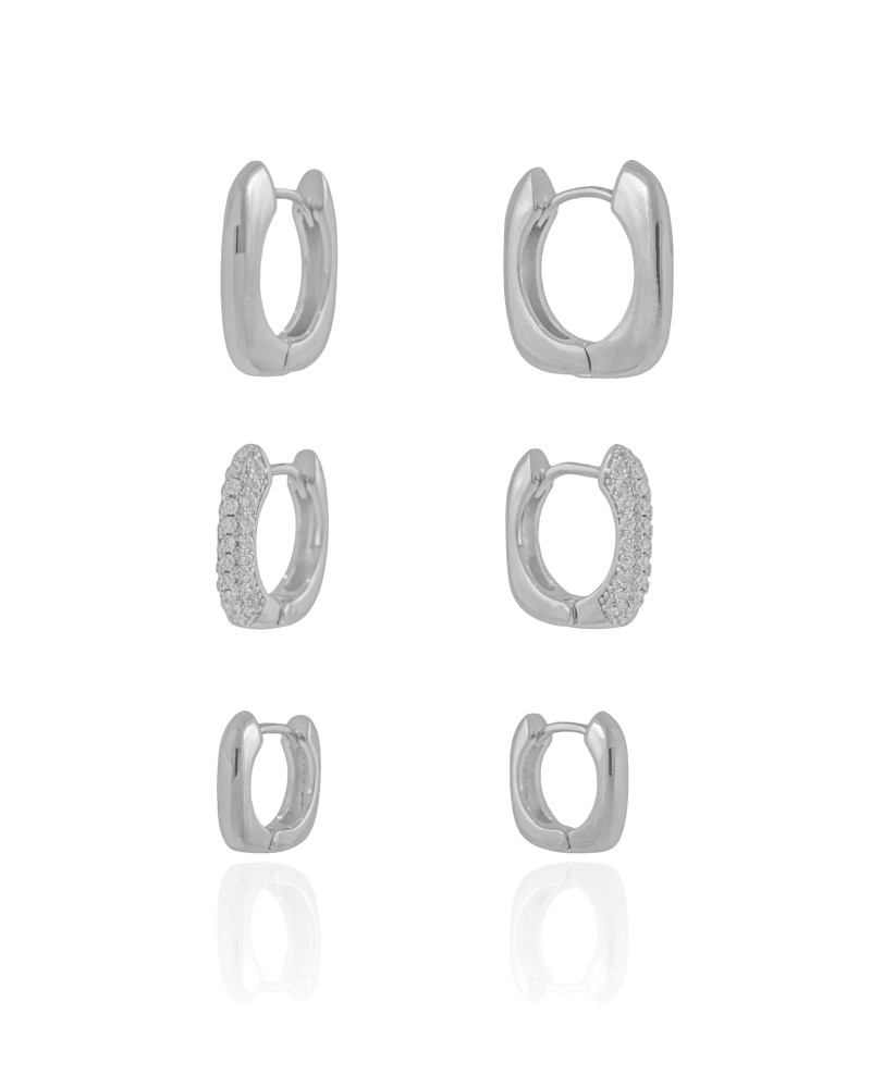 Trio de Argolas Quadradas Ródio Branco