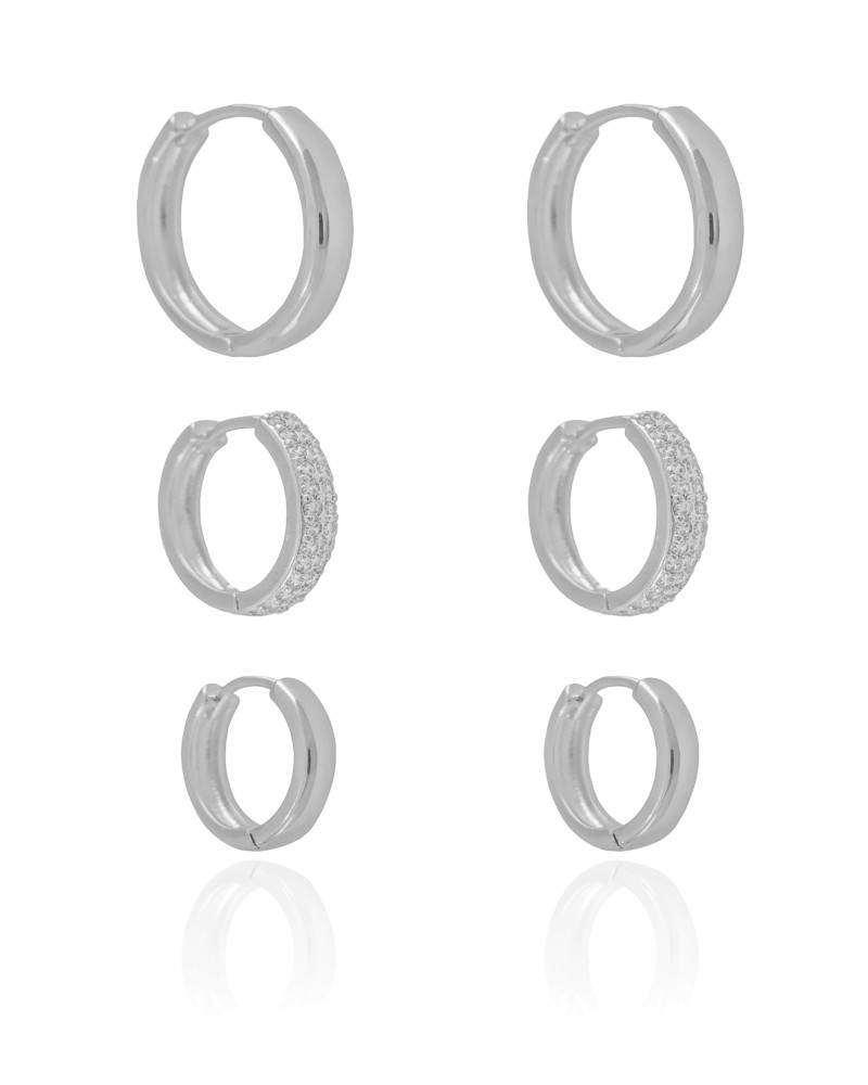 Trio de Argolas Lisas e Cravejada Cristal Ródio Branco