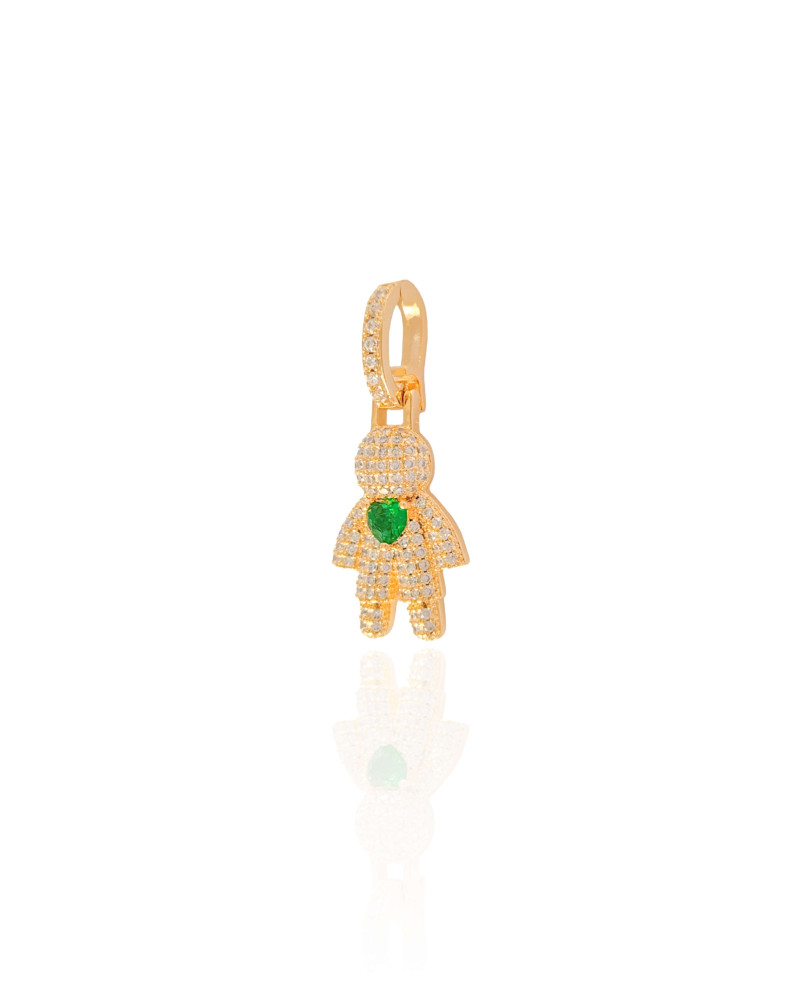 Pingente Filho Menino Cristal Coração Esmeralda 3.4 cm Banhado a Ouro 18K