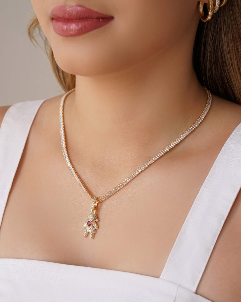 Pingente Filho Menina Cristal Coração Rubi 3.4 cm Banhado a Ouro 18K