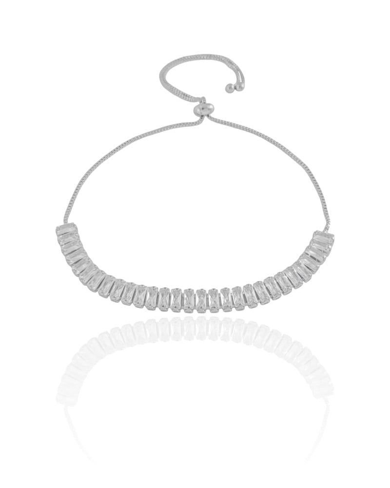 Pulseira Baguetes Zircônia Fecho Gravata Ródio Branco - 20 cm