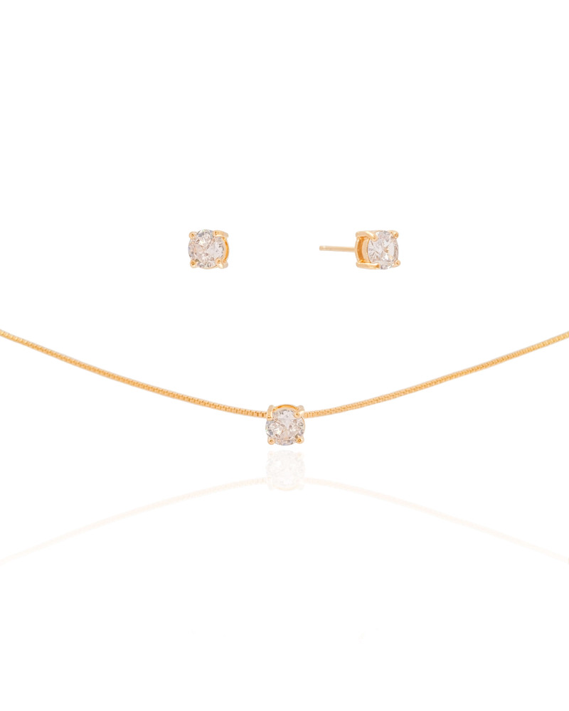 Conjunto Ponto de Luz Cristal 5 mm Banhado a Ouro 18K