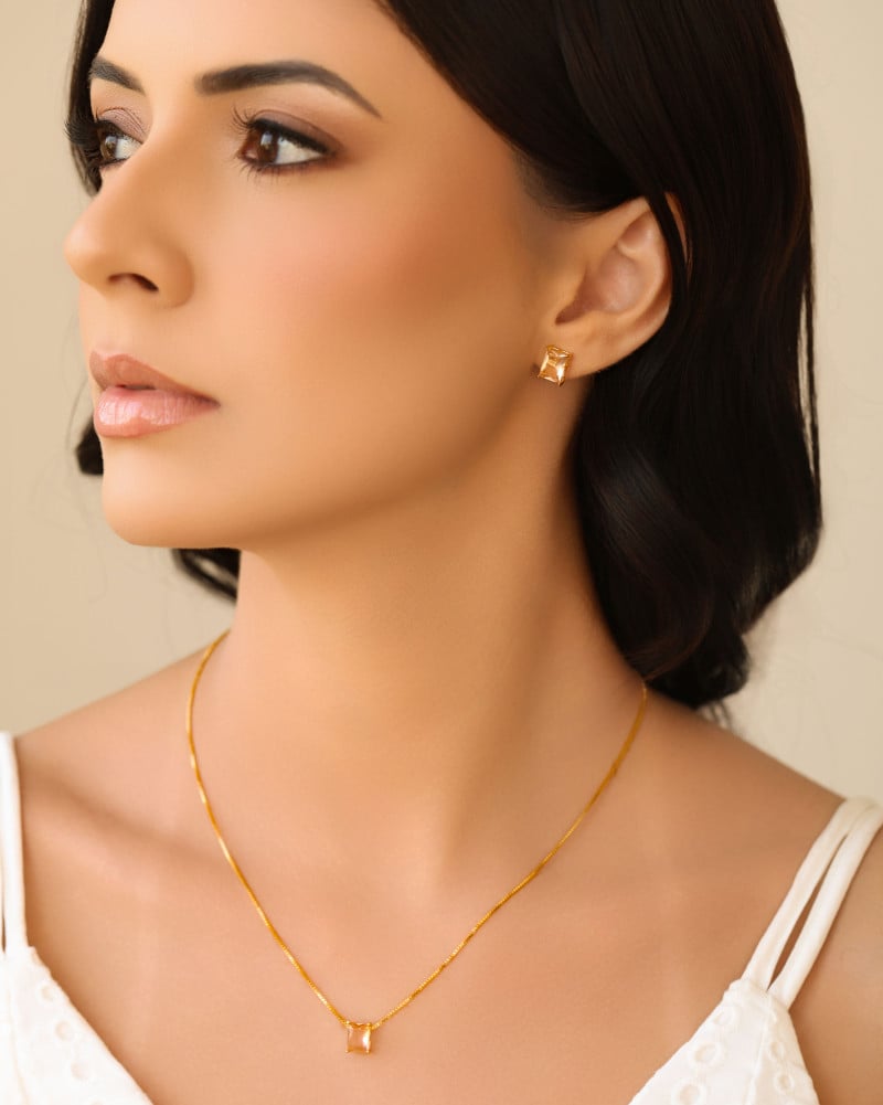 Conjunto Retangular Morganita  Banhado a Ouro 18K