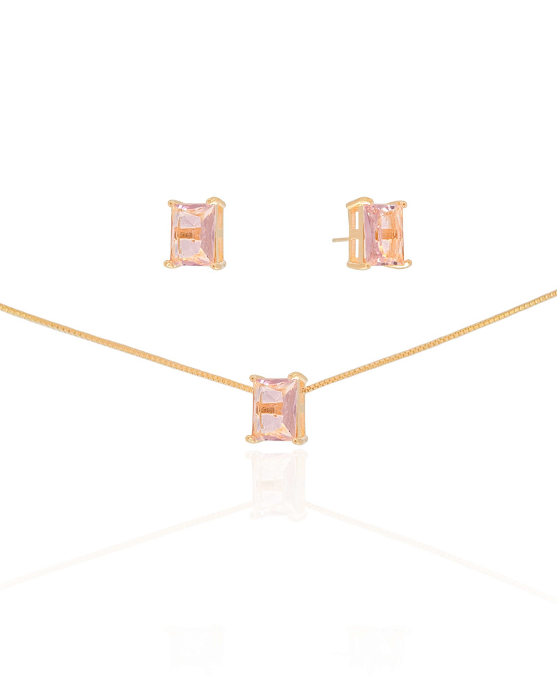 Conjunto Retangular Safira Rosa  Banhado a Ouro 18K