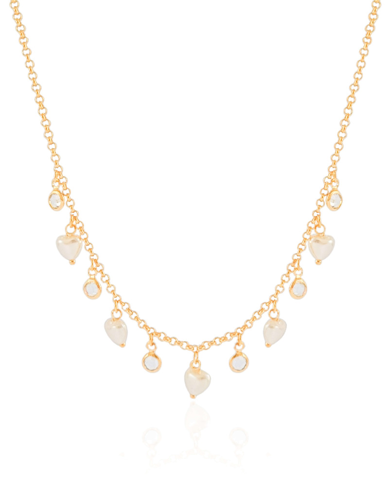Choker Elos Pontos de Luz Cristal Pérolas Coração Banhado a Ouro 18K