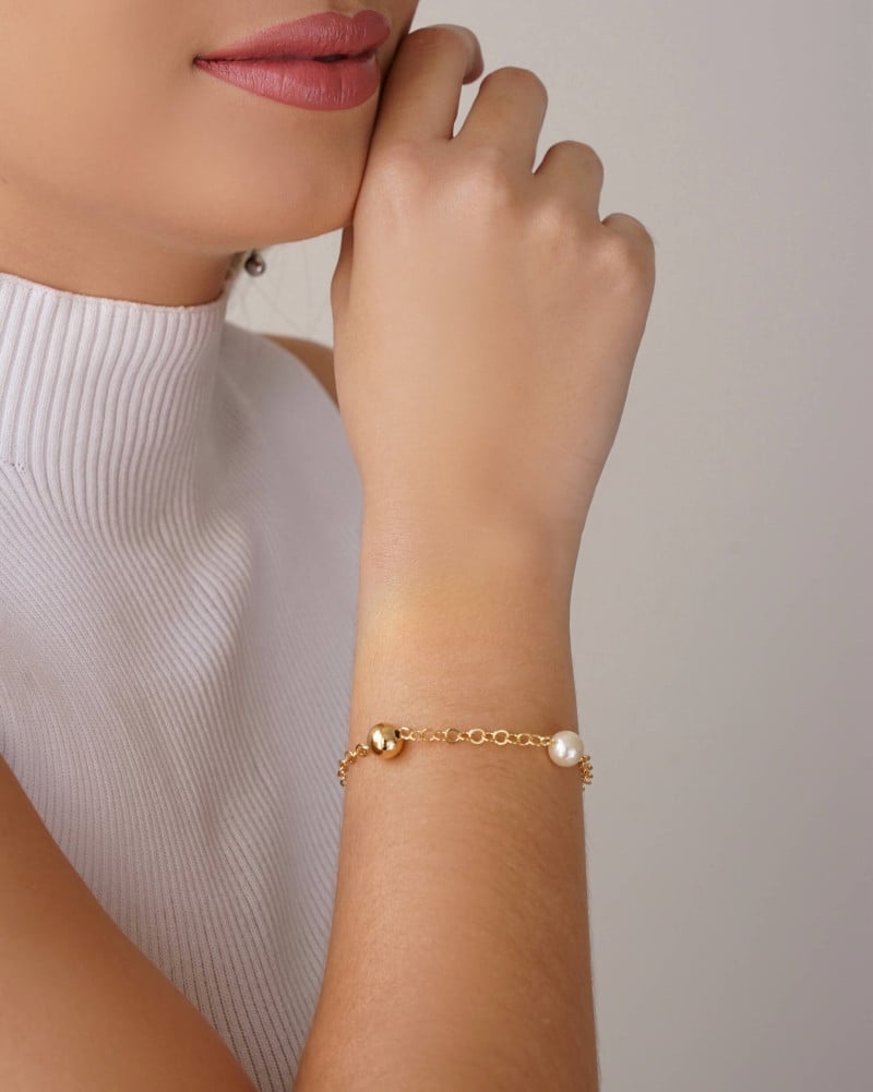 Pulseira Elos Americanos Bolas Pérolas Banhado a Ouro 18K