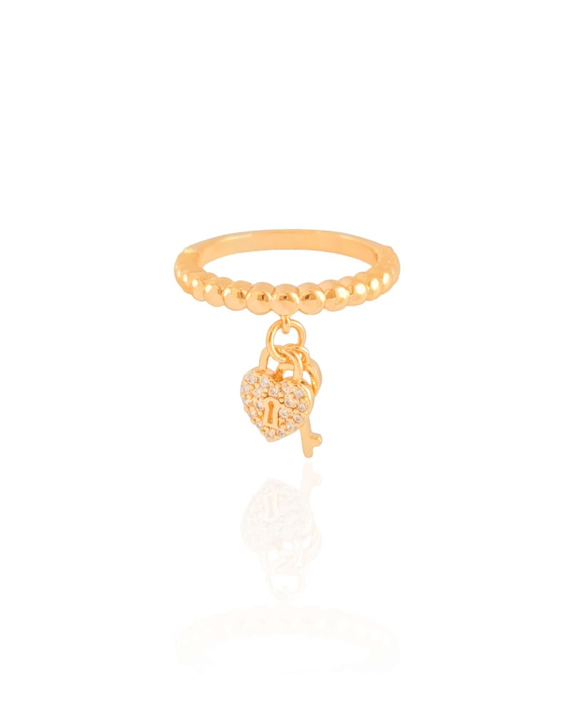 Anel Chave Coração Cravejado Cristal Tamanho 20 Banhado a Ouro 18K