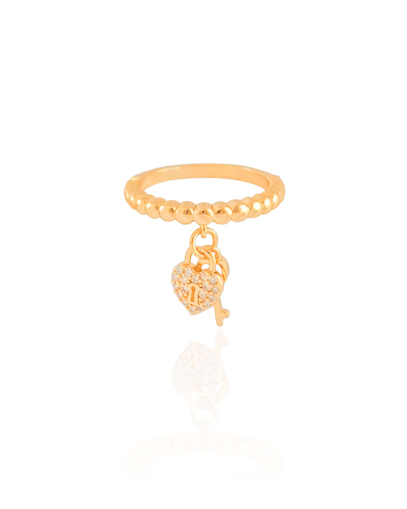 Anel Chave Coração Cravejado Cristal Tamanho 22 Banhado a Ouro 18K