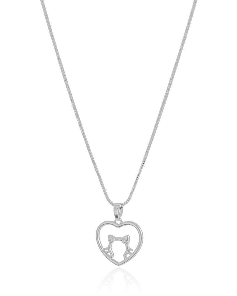 Gargantilha Veneziana Coração Gato Pontos de Luz Cristal Ródio Branco - 45 cm