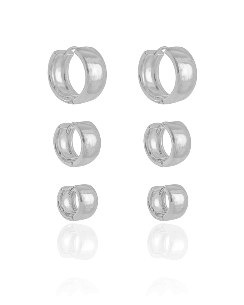 Trio de Argolas Lisas Ródio Branco