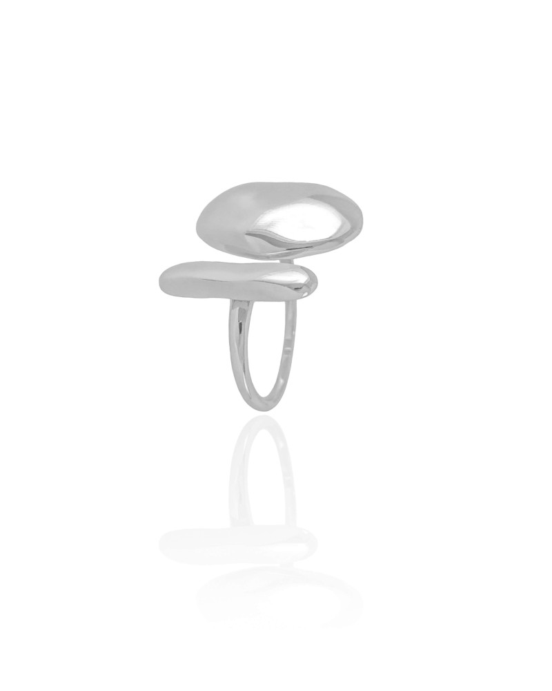 Anel Ajustável Oval e Palito Orgânico Tamanho P Ródio Branco