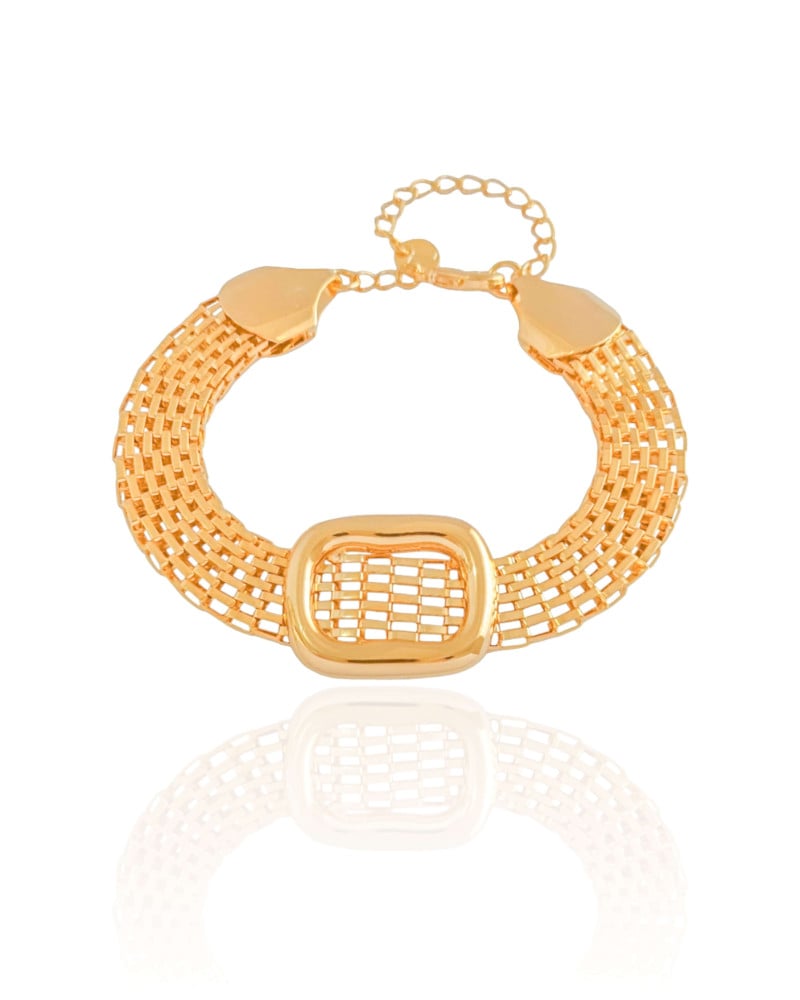Pulseira Malha Italiana Retângulo Liso Banhado a Ouro 18K