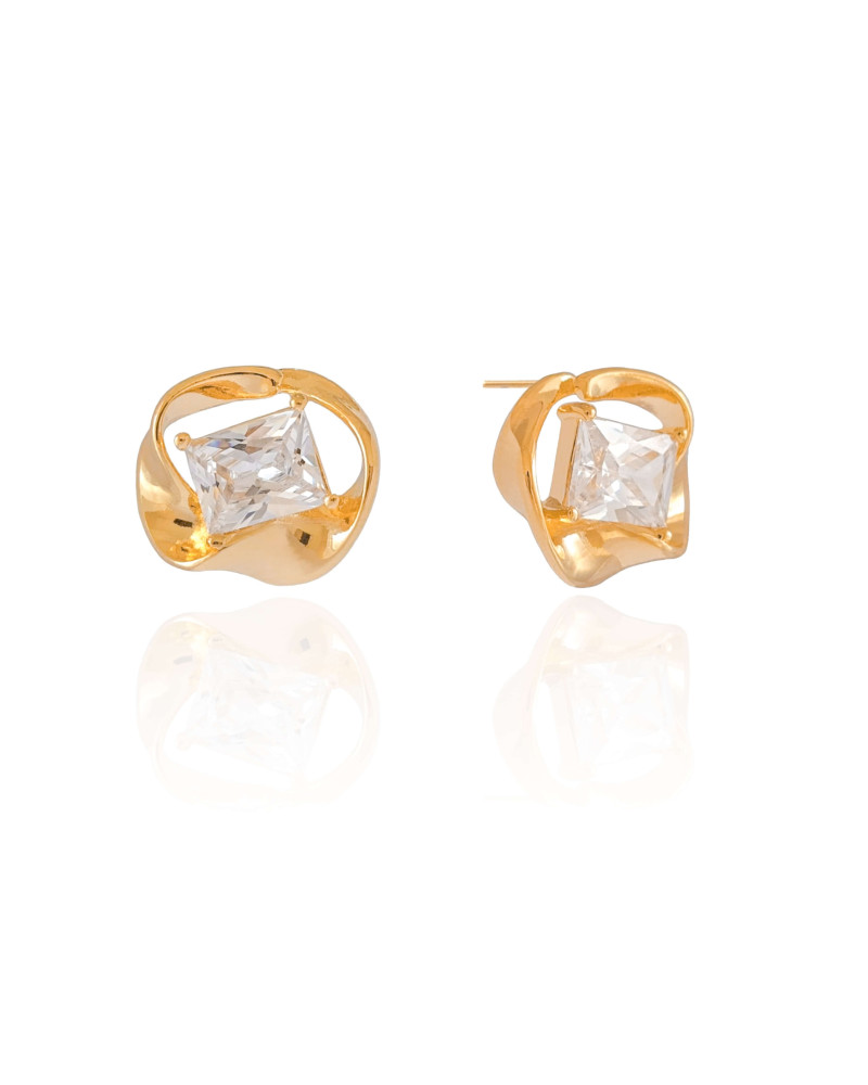 Brinco Torcido Retângulo Cristal Banhado a Ouro 18K