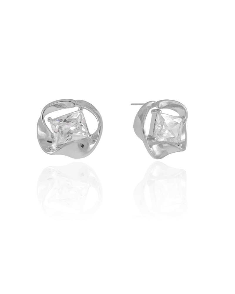 Brinco Torcido Retângulo Cristal Ródio Branco