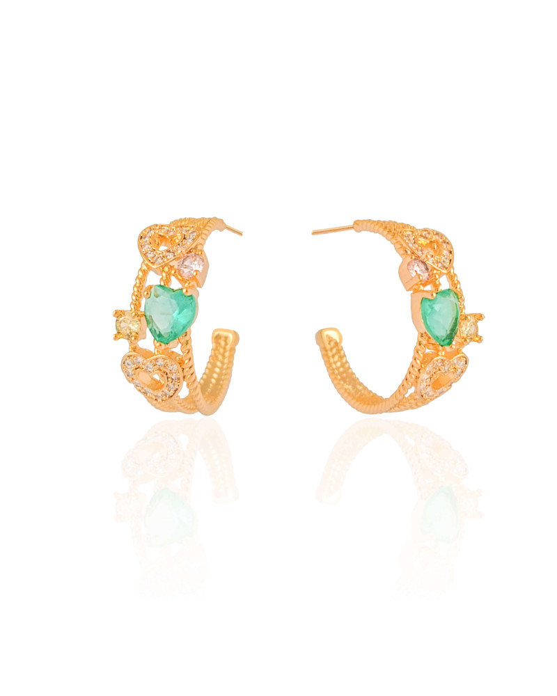 Brinco Argola Corações Colorido Cravejado Cristal 2.2 cm Banhado a Ouro 18K