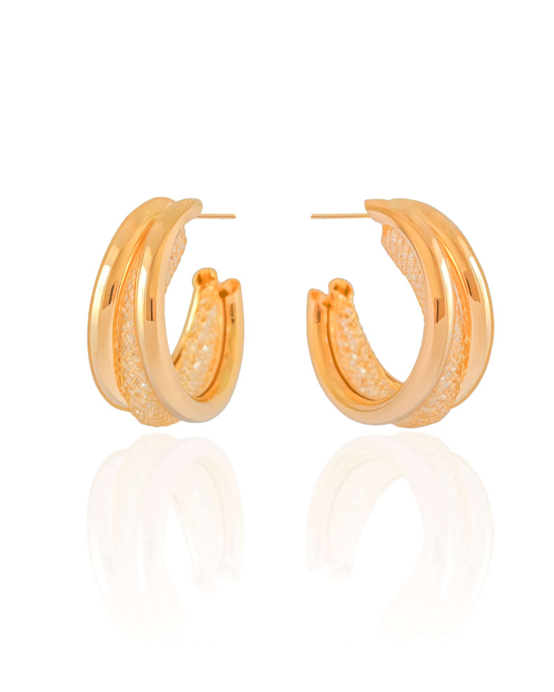 Brinco Argola Tubo Tela Cristais 2.9 cm Banhado a Ouro 18K