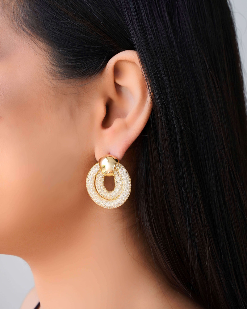 Brinco Duplo Telas Cristais 3.4 cm Banhado a Ouro 18K